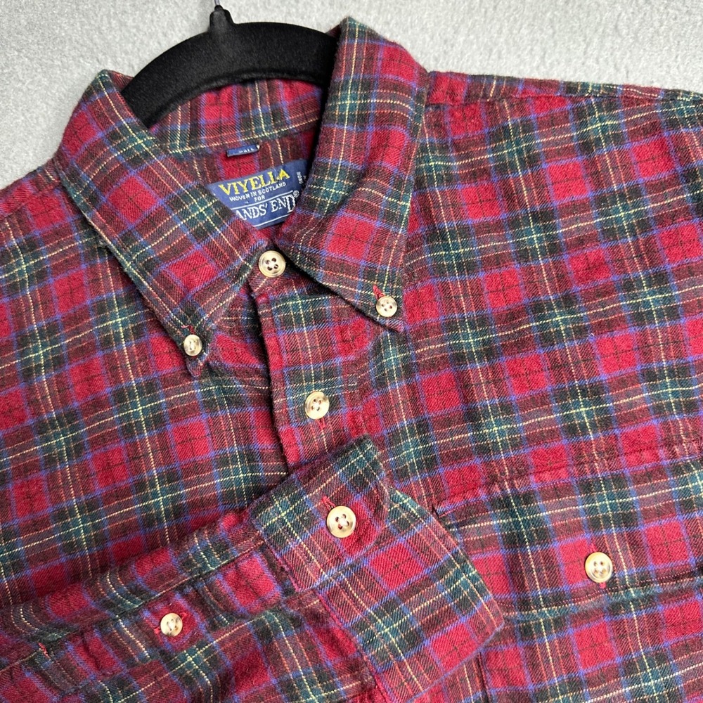 VIYELLA Lands End Mens M Tall Plaid Wool Cotton Button Down Shirt Woven Scotland